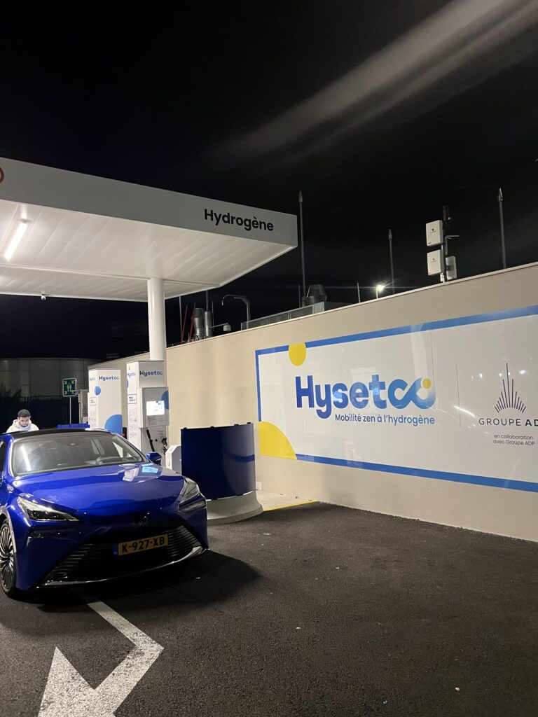 A hydrogen refueling station in service at night