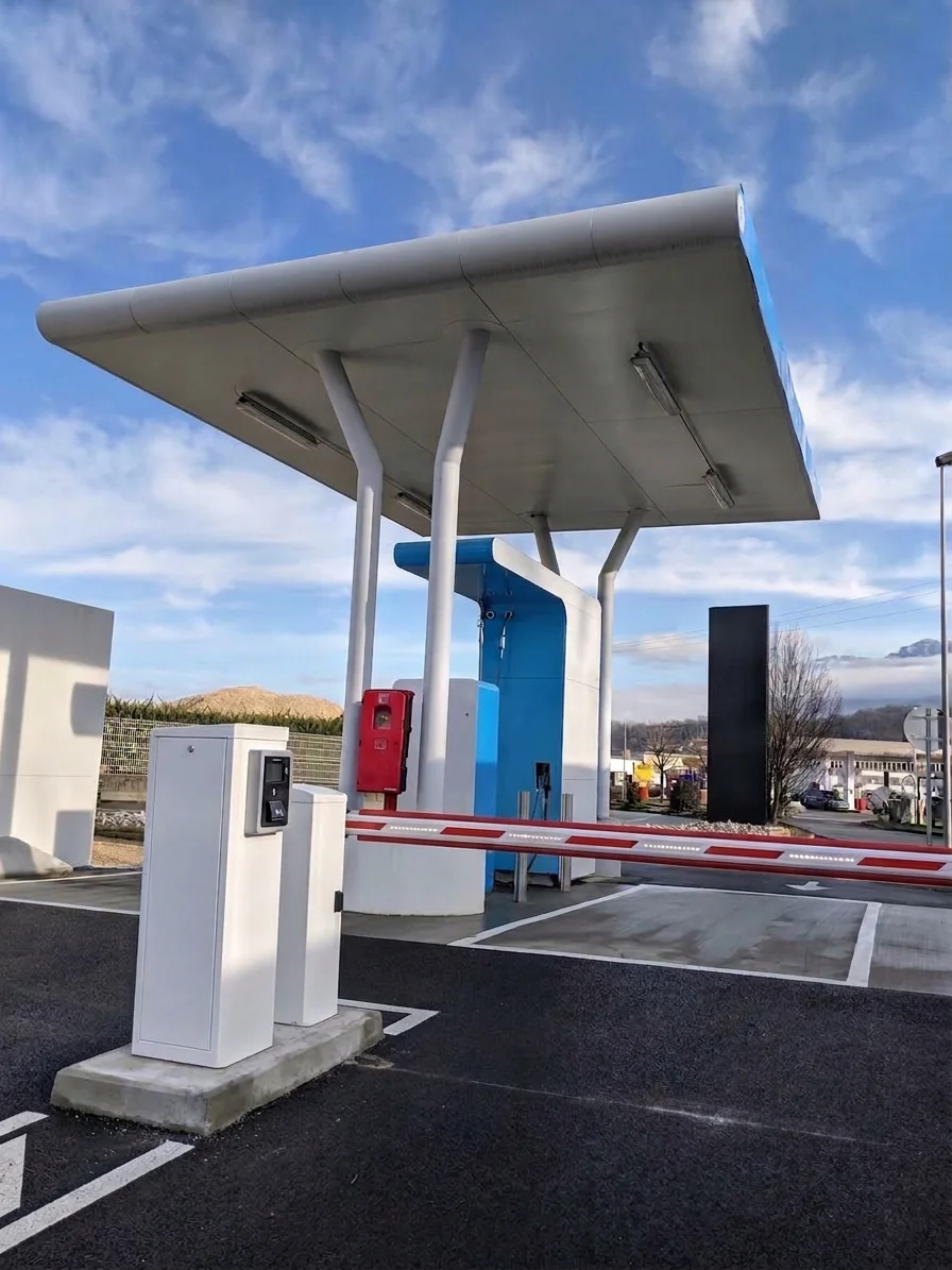 A FillnDrive access-controlled barrier gate and reader terminal at a station entrance
