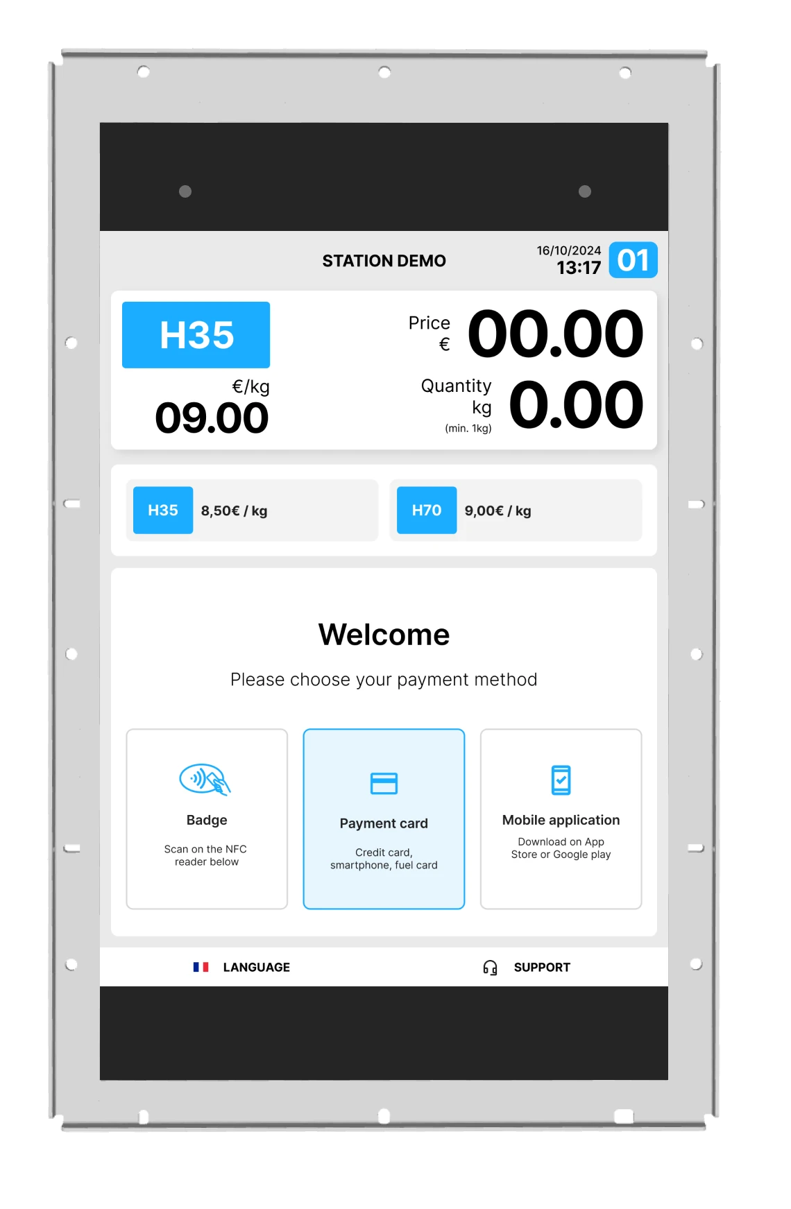 The VCID touchscreen panel, showing the payment method selection screen